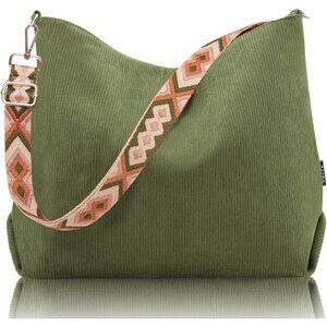 Women’s Green Corduroy Tote Shoulder Bag with Adjustment Straps And Zipper